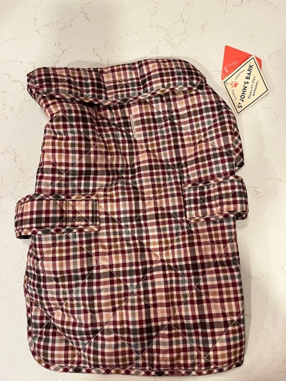 St. John's Bay Quilted Plaid Dog Coat in Burgundy, Cream, Brown